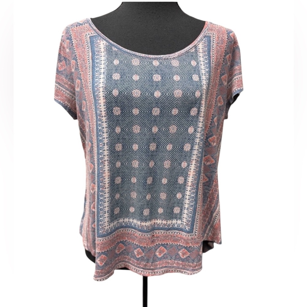 Lucky Brand Boho Chic Blue & Dusty Rose Maximalist Top Size L High low hem